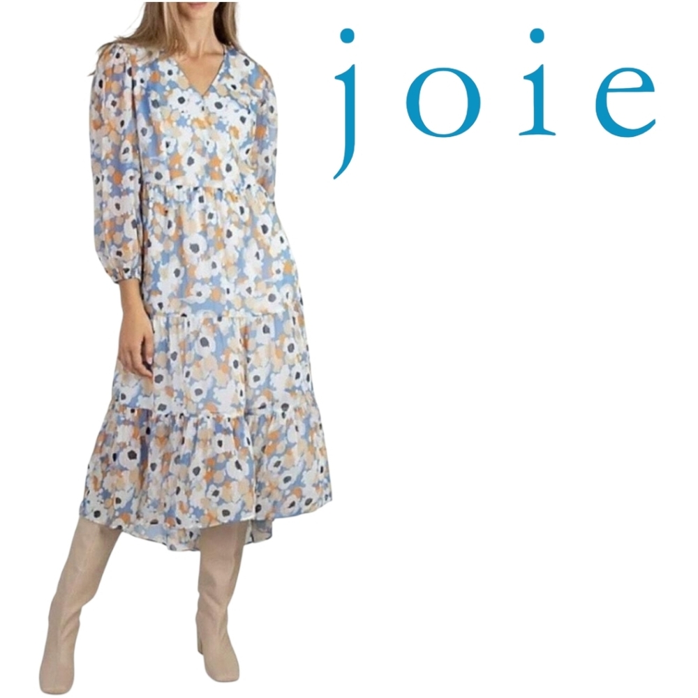Joie Limited Edition Chiffon Tiered Maxi Dress Blue Floral Fields Long Sleeve XL